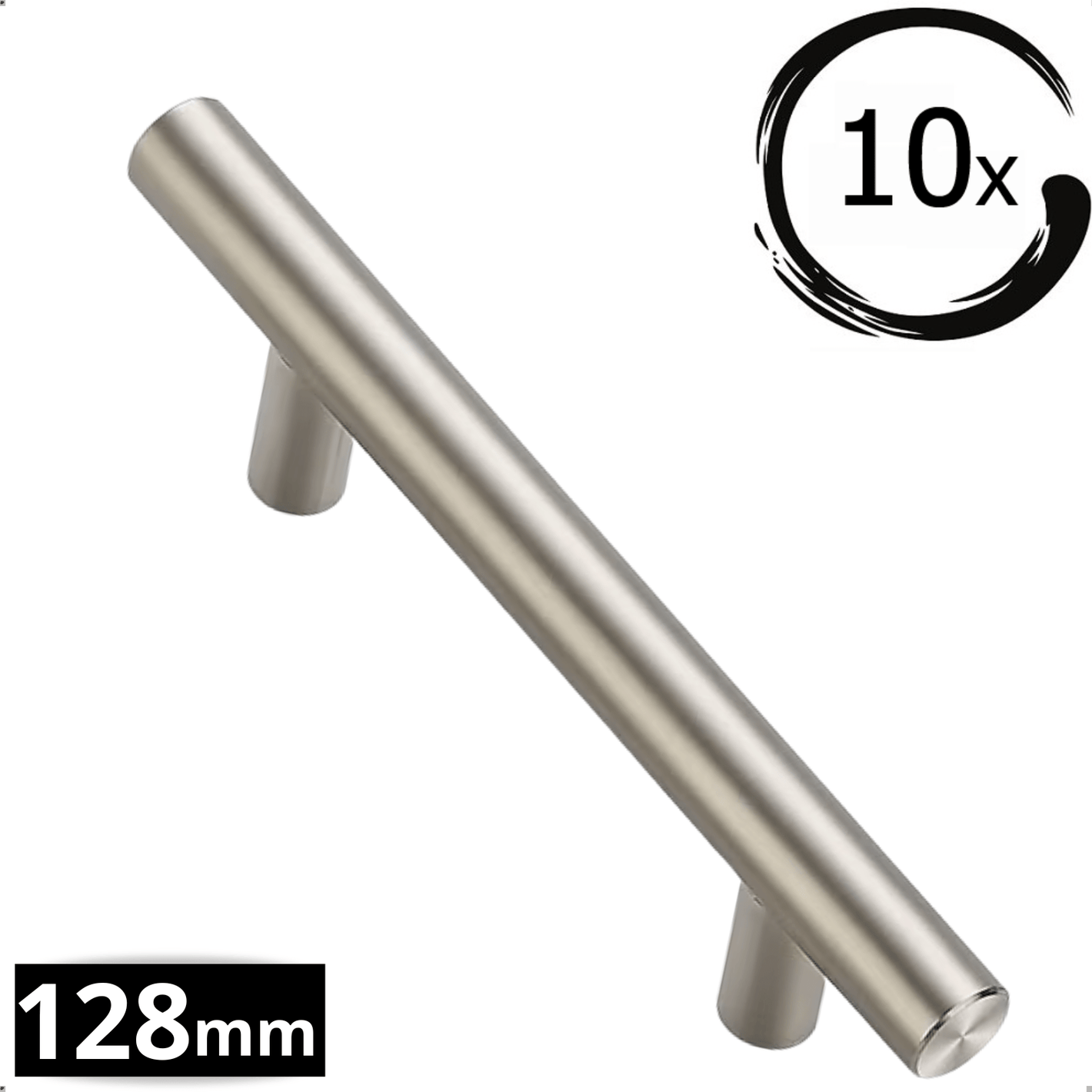 Handgreep Denver 128mm geborsteld RVS met ronde stangvorm, set van 10 stuks