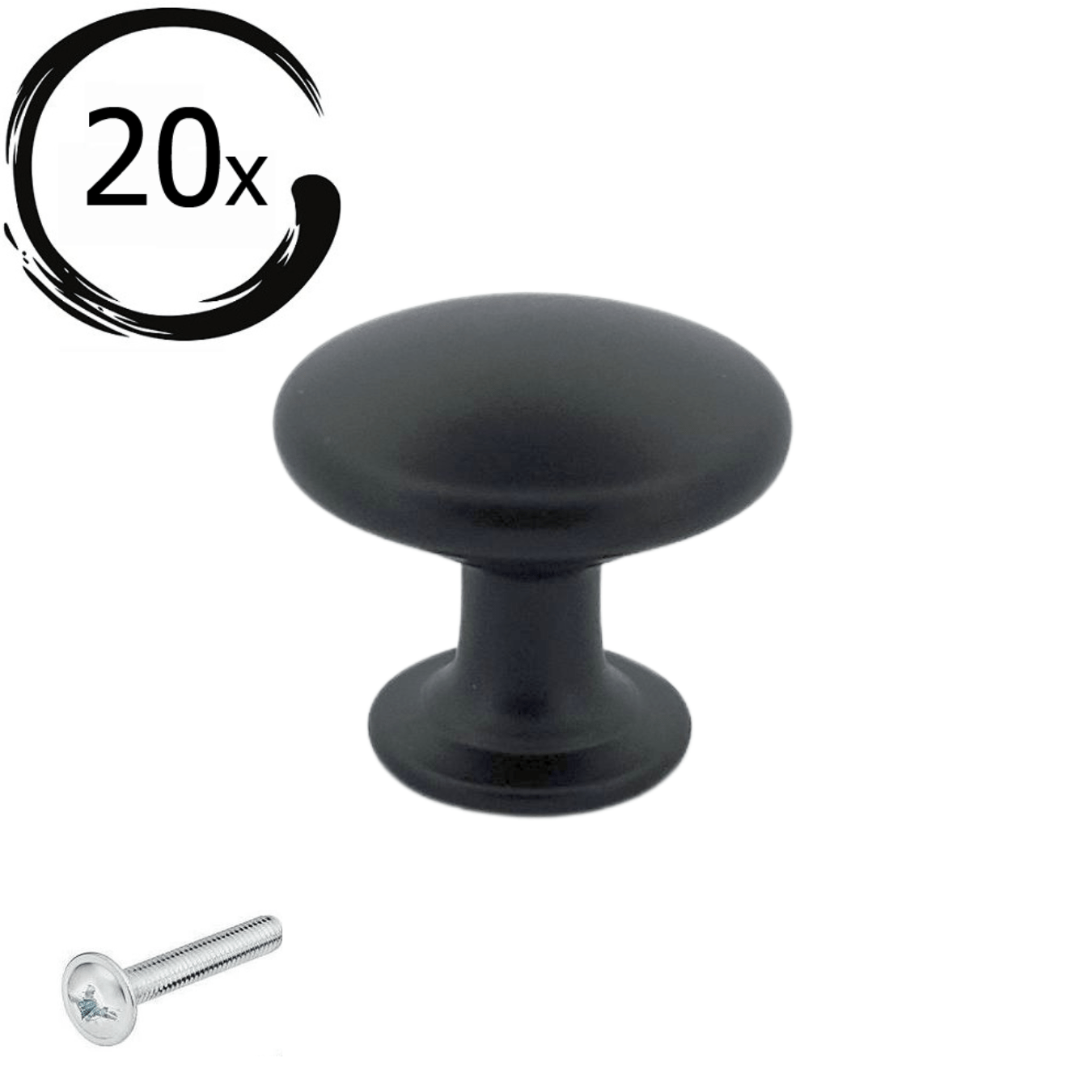 Set van 20 zwarte aluminium meubelknoppen Macon 27mm met bevestigingsschroef