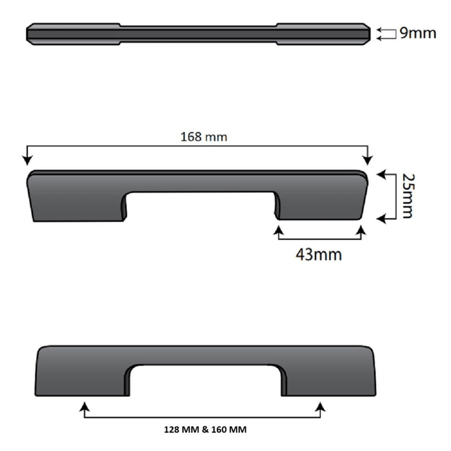 20X Handgreep 160mm Aluminium Zwart – Seattle - BY MJM - GMJ16-20