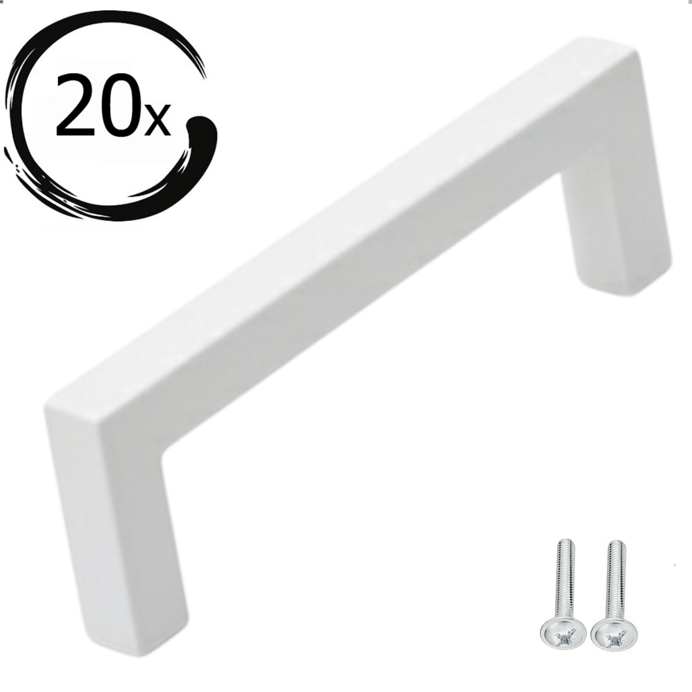 Set van 20 witte RVS handgrepen Dallas 96mm boormaat met 40 bevestigingsschroeven voor keuken en kastmontage