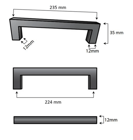 20X Handgreep Dallas 224 mm RVS Wit technische illustratie met afmetingen en details