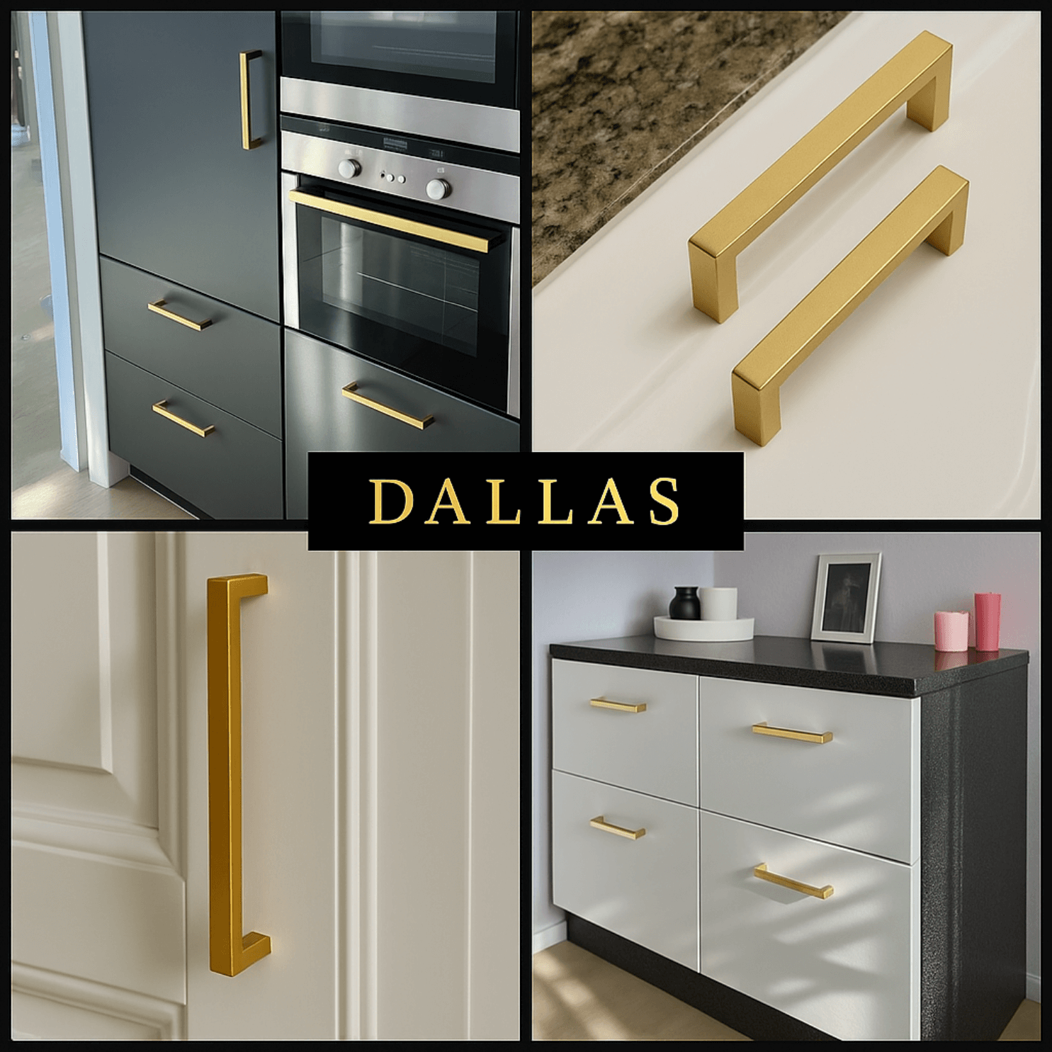 Dallas 128 mm RVS Goud Set 20 - Luxurious gold kitchen handles showcased in various modern cabinet settings.